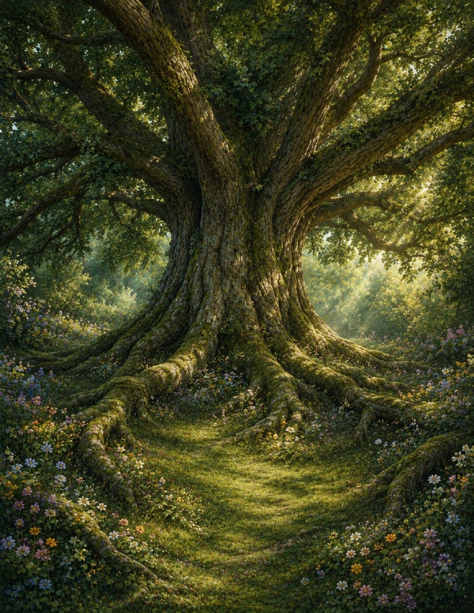 A protective old tree sheltering a peaceful woodland clearing