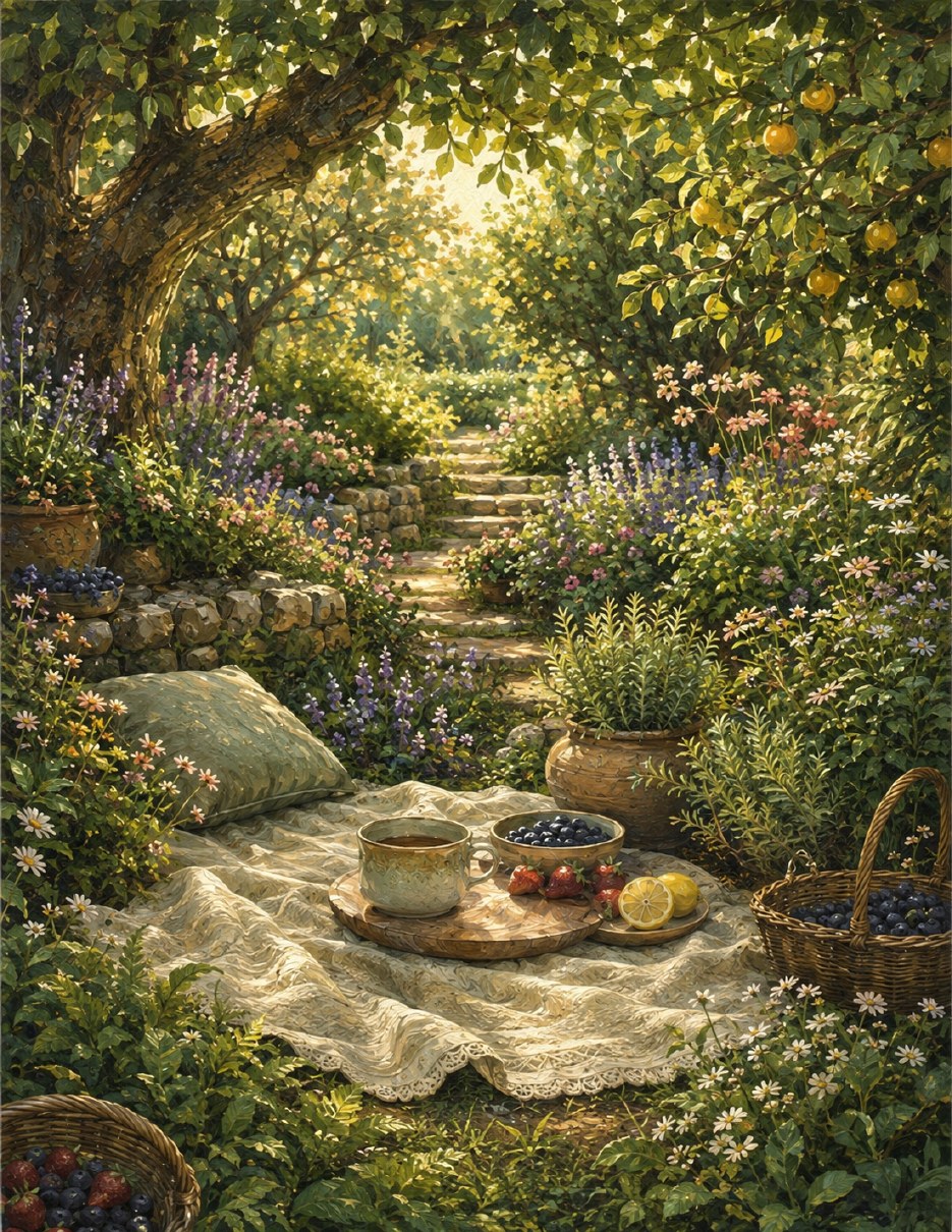 A quiet picnic scene in a sunlit country garden