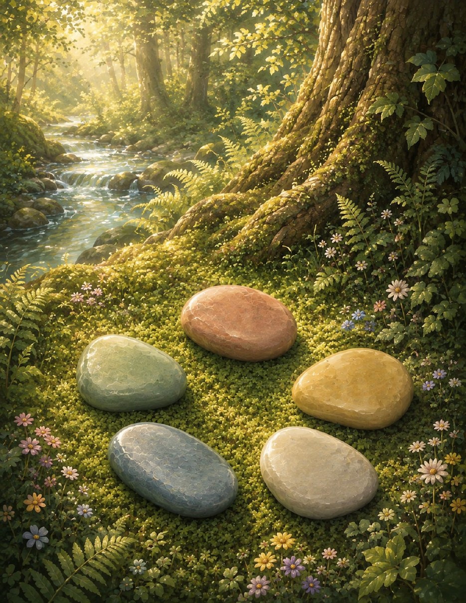 A bowl of white flowers beside moss and ferns